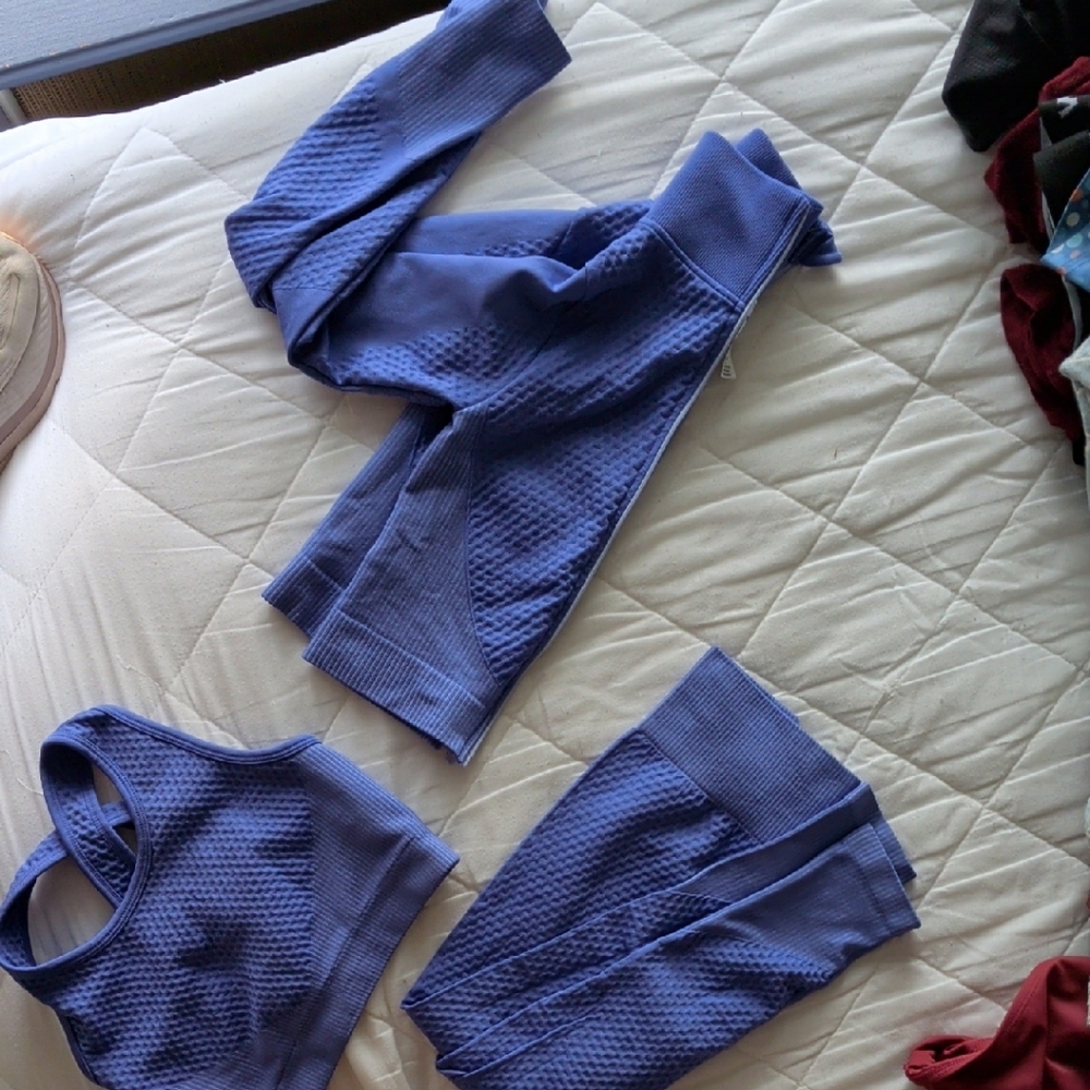 90 Degree By Reflex Textured blue Sports Bra, Jacket and Leggings Set